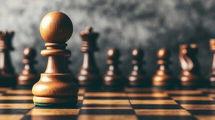 Chess pawn in the middle of a chessboard, strategic game, focused confrontation, background focus on game, suitable for strategy, analysis, or game articles