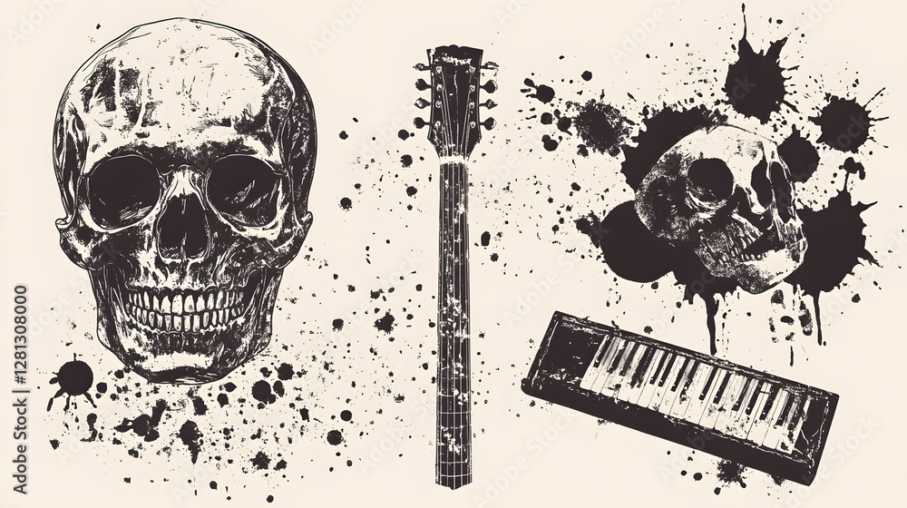 Poster Grungy Skull and Musical Instruments Composition with Dramatic Paint Splatter Background