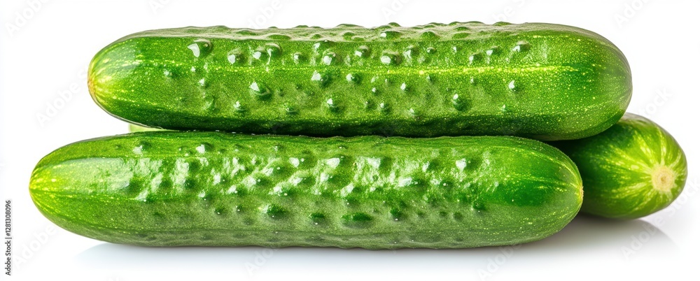 Poster three fresh green cucumbers with water droplets, stacked on a plain white surface. close up view sho