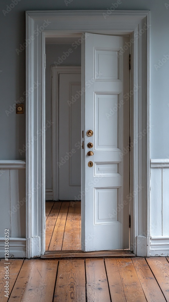 Poster soft light spills through an open door, revealing a tastefully minimalistic room. the white walls an