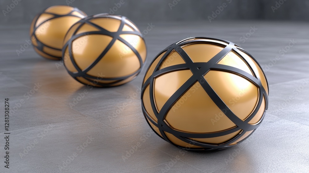 Poster three gold spheres with black lattice structures are arranged on a gray textured surface. the focus 
