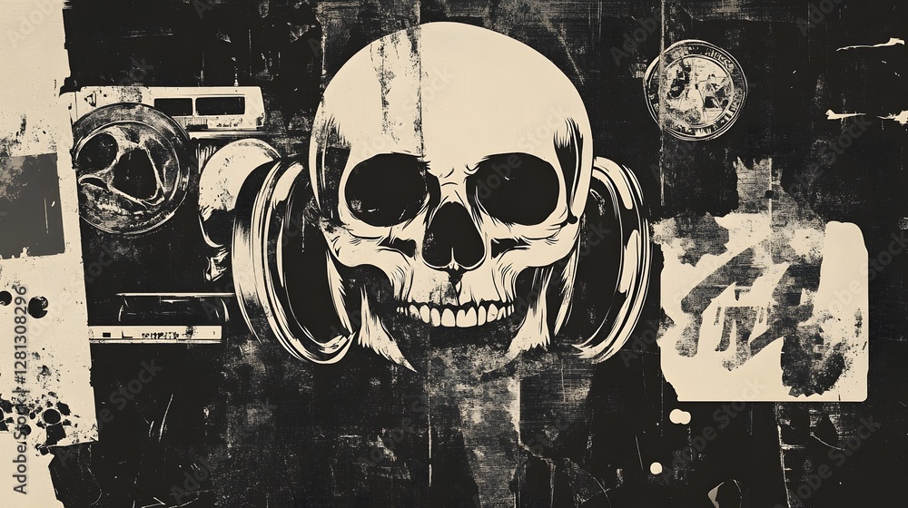 Poster Grungy Skull Artwork with Abstract Dark Textures and Patterns for Moody Gothic or Heavy Metal Music Themes