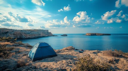 Expansive Coastline With Rolling Green Cliffs and Tranquil Waters Under a Bright Blue Sky in a Serene Coastal Landscape