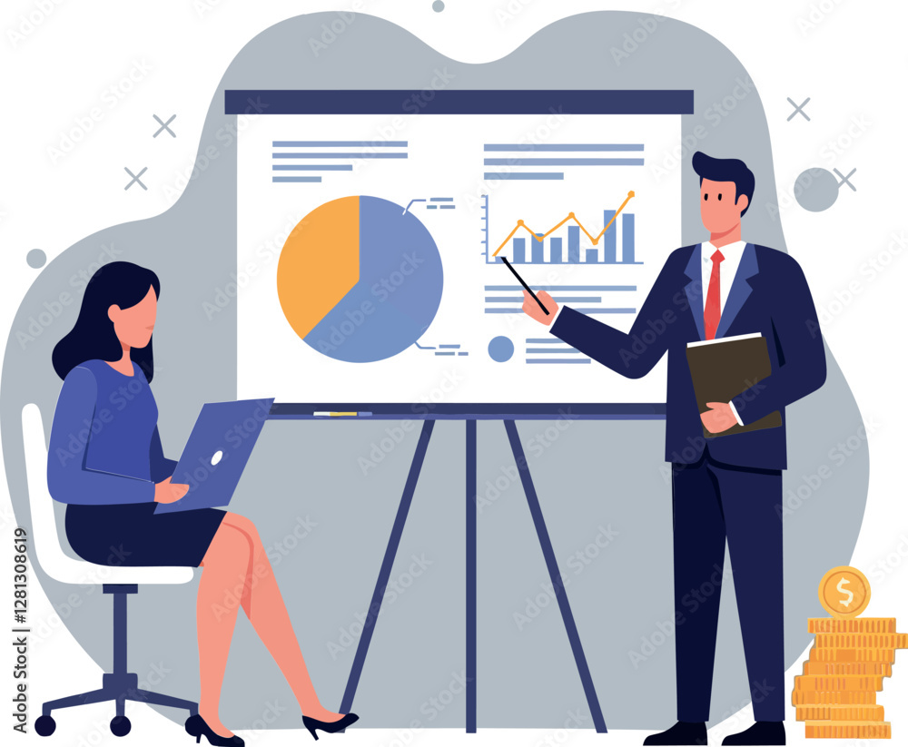 Poster business presentation scene featuring a confident man explaining data to a focused woman using a lap