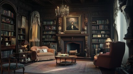 Elegant Living Room With Ornate Decor and Luxurious Furnishings in a Historic Mansion During Golden Hour