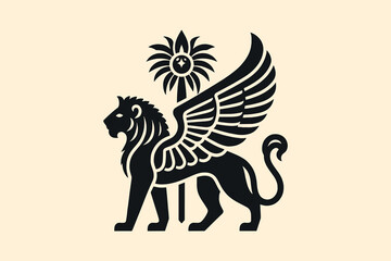 Obraz premium Mythical winged lion silhouette with palm tree, Mesopotamian style