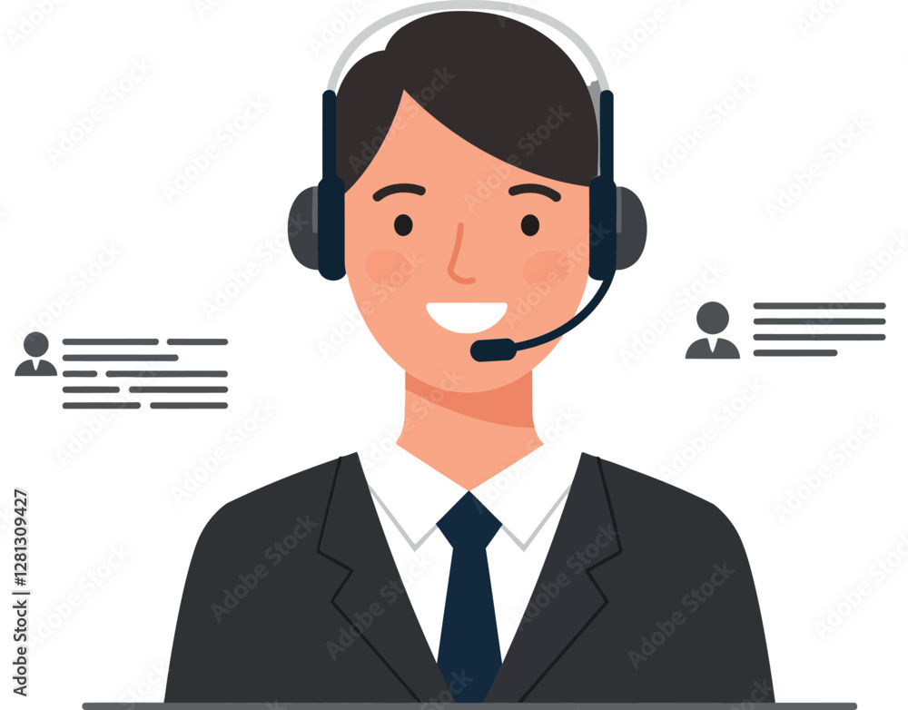 Poster a smiling customer service representative wearing a headset in a minimalistic design style, engaging