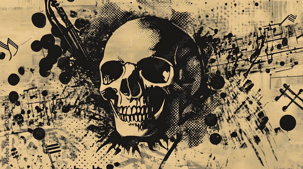 Poster grungy skull artwork with splattered paint and distressed textures