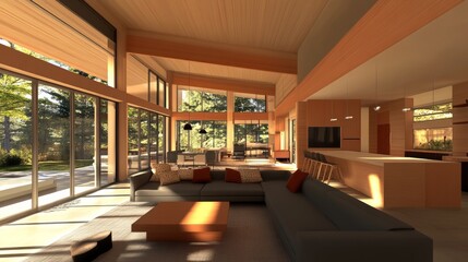Modern Living Room Design Featuring a Spacious Sectional Sofa and Large Windows Overlooking a Natural Landscape in a Contemporary Home