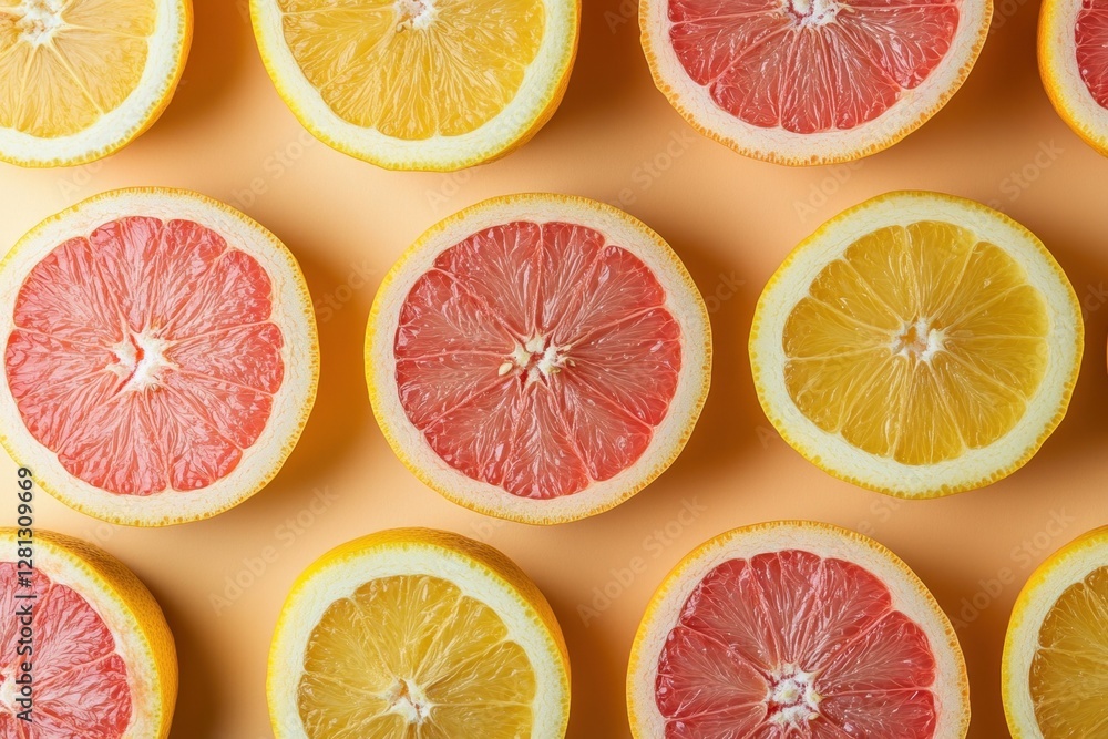 Poster vibrant citrus slices pattern on pastel background showcasing fresh grapefruit and lemon halves in a