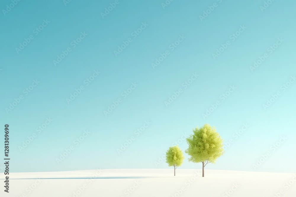 Poster capture serene 3d-rendered landscape with few isolated trees or plants in vast open field emphasizin