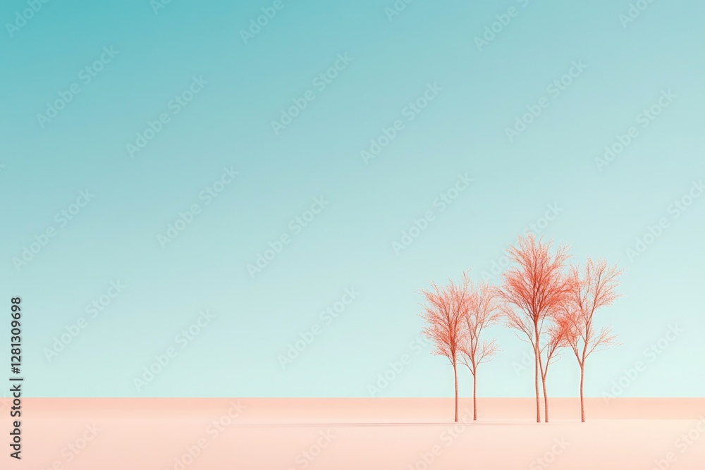 Poster capture serene 3d-rendered landscape with few isolated trees or plants in vast open field emphasizin