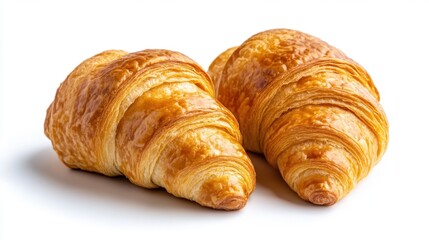 Two golden brown croissants on a white background. Flaky, buttery pastry, freshly baked, delicious breakfast food