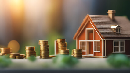 A house with stacks of gold coins on the ground in front of it