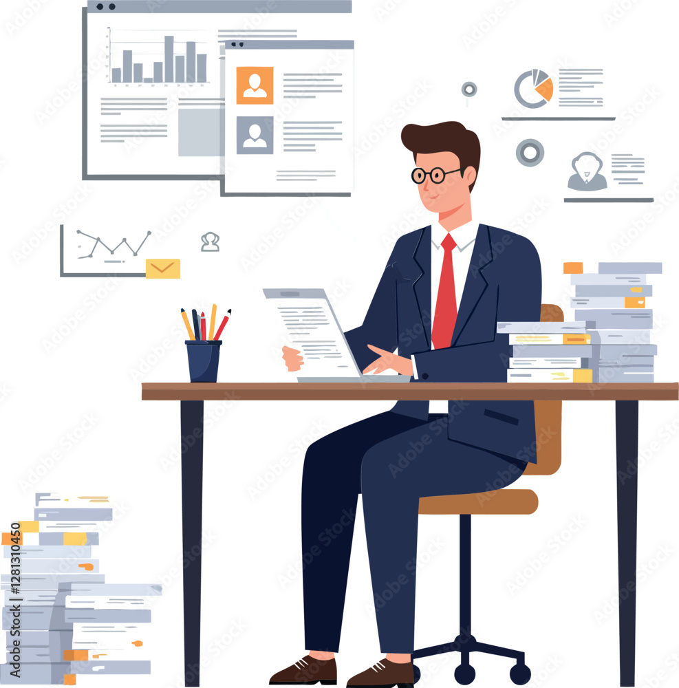 Poster businessman in a suit analyzing documents at a desk surrounded by stacks of paperwork and digital gr
