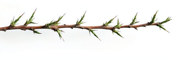 Obraz premium Close-Up of Acacia Branch with Sharp Spines Isolated Against a Pure White Backdrop