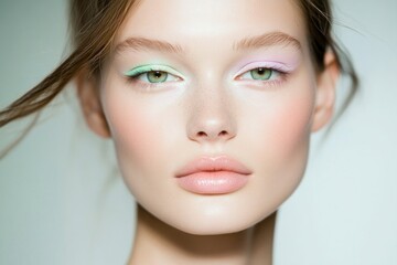 Naklejka premium close-up of model radiant face with fresh spring-inspired makeup showcasing pastel eyeshadow and glossy lips