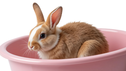 An adorable fluffy bunny nestled in a pastel pink basin, a heartwarming image of gentle pet care in soft focus.