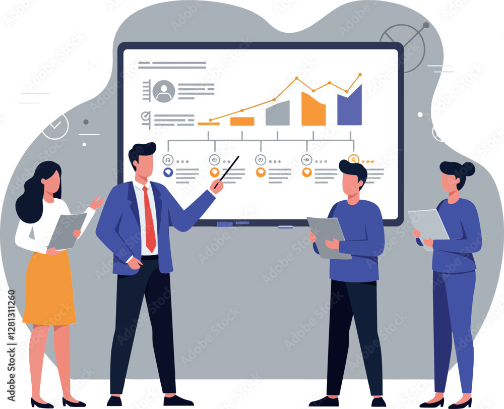 Poster business team collaboratively analyzing data with charts on a screen in a modern meeting space, flat