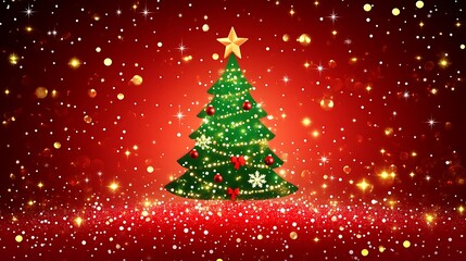 Festive Christmas tree on red glittering background