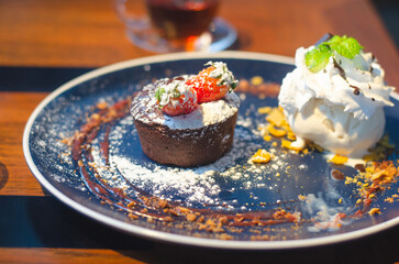 Dessert with chocolate cake and ice cream