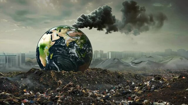 Earth on fire: global pollution crisis depicted through deteriorating urban landscapes