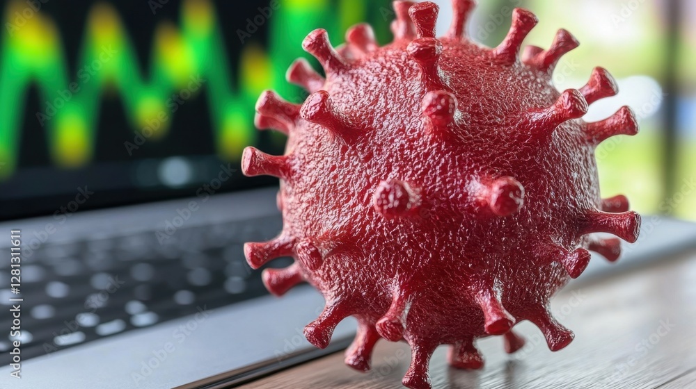 Aufkleber a model of a virus on a computer keyboard, with a blurred financial graph in the background. illustr