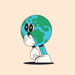 Shocked Earth Cartoon. My eyes sparkle in surprise. Retro 70s style character.