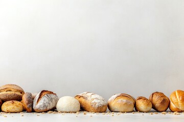 close-up of freshly baked assorted bread and pastries rustically arranged against plain surface