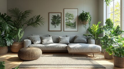 Modern Living Room With Lush Greenery and Natural Light in a Contemporary Design Setting