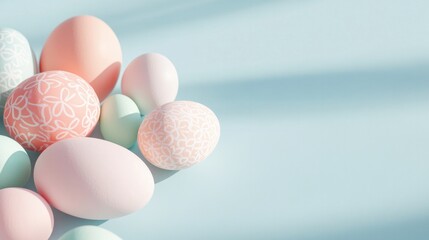 close-up of pastel-colored easter eggs with delicate patterns arranged artistically