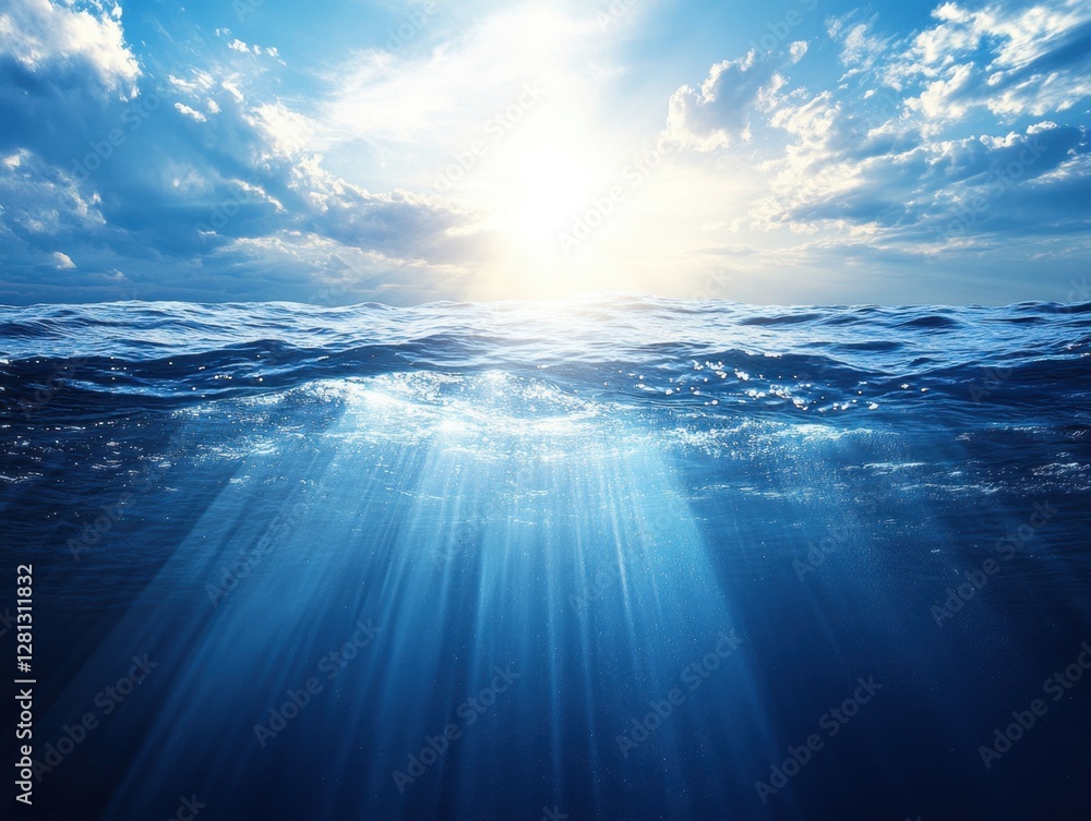 Aufkleber serene ocean surface with sunlit clouds and underwater beams creating a tranquil and ethereal atmosp
