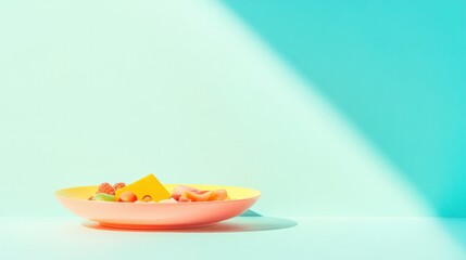 close-up shot of colorful and healthy children meal on bright and cheerful plate with balanced combination of fresh