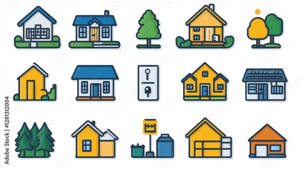 Poster a collection of colorful house icons showcasing various architectural styles and elements