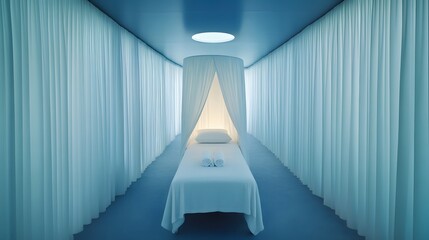 Obraz premium Serene Minimalist Bedroom with Canopy Bed and Blue Curtains