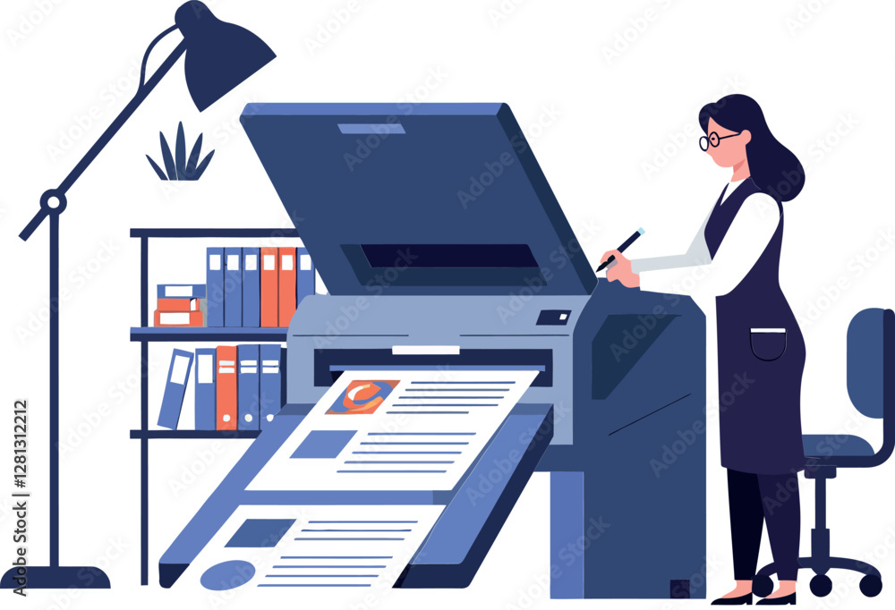 Poster a woman operating a large printer in a modern office setting with a bookshelf and lamp in a flat vec