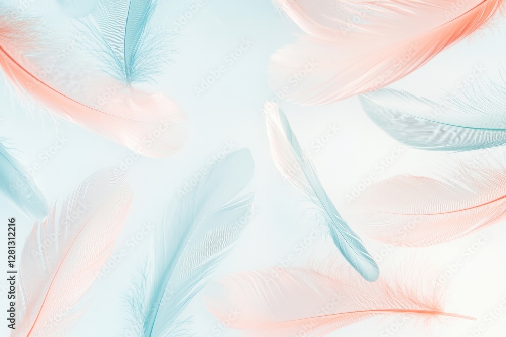 Poster delicate abstract feather patterns in soft pastel hues gracefully floating against clean pale backgr