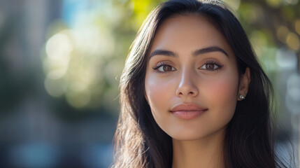 Obraz premium A close-up portrait of a confident woman with long, dark hair, exuding calmness and poise amidst a blurred natural backdrop. Her expression reflects strength and serenity.