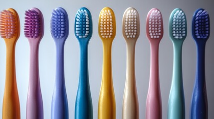 A striking lineup of toothbrushes showcases various pastel colors and designs