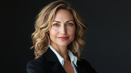 A confident woman with curly hair in a professional outfit. She exudes charisma and competence, making her a suitable representation for corporate or business-related themes.