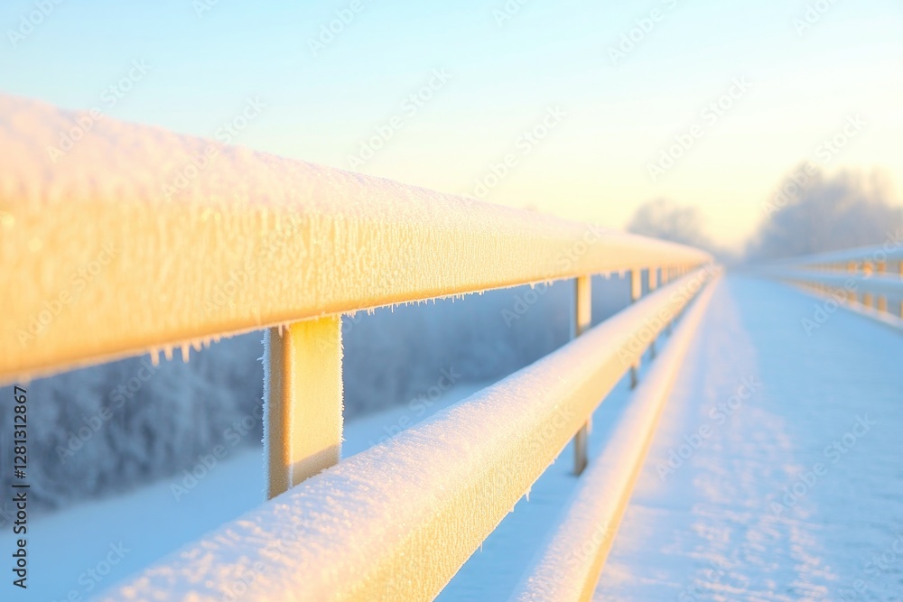 Poster soft morning light illuminates frost-covered bridge railing creating serene and spacious image with 