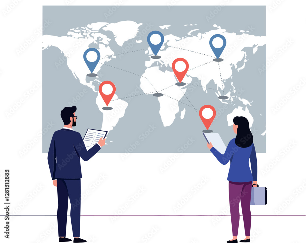 Poster two professionals analyzing a world map with location markers in a flat vector illustration style, c