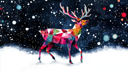 stylized geometric reindeer design in vibrant colors against snowy background, creating whimsical and festive atmosphere