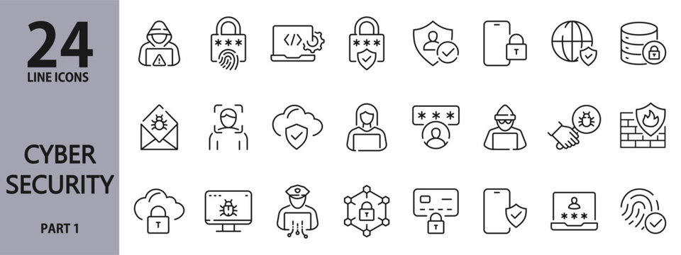 Cybersecurity line icons set with Internet, AI, Hacking, Firewall, Data, Protection, Identity, Internet, Cyber, Attack, Encryption and more. Editable Stroke