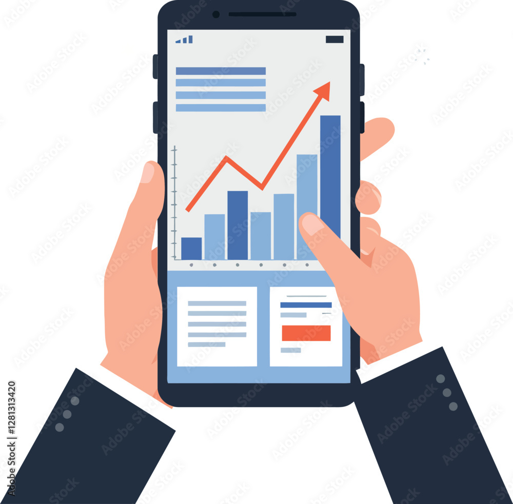 Poster hands holding a smartphone displaying a detailed financial graph in a flat design style, showcasing 