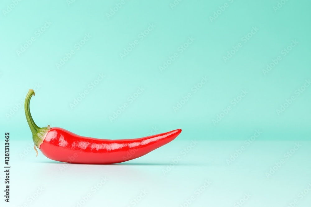 Poster clean shot of single red chili displayed on smooth white surface with reflections and ample copy spa