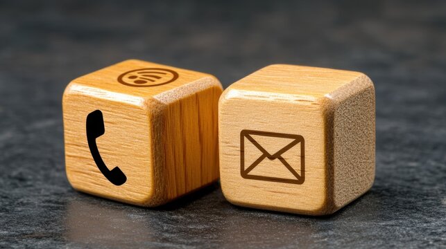 Two light brown wooden cubes with engraved icons a telephone and an email symbol, resting on a dark gray surface. Close up shot with selective focus