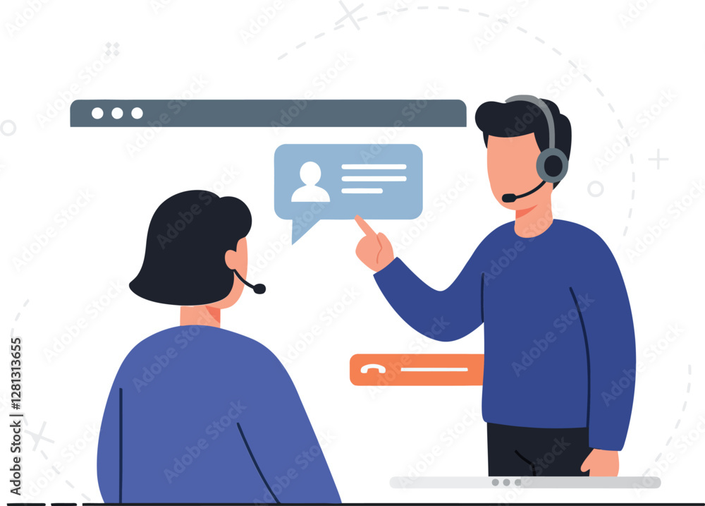 Poster two call center representatives engaging in a conversation, showcasing a flat design style, emphasiz