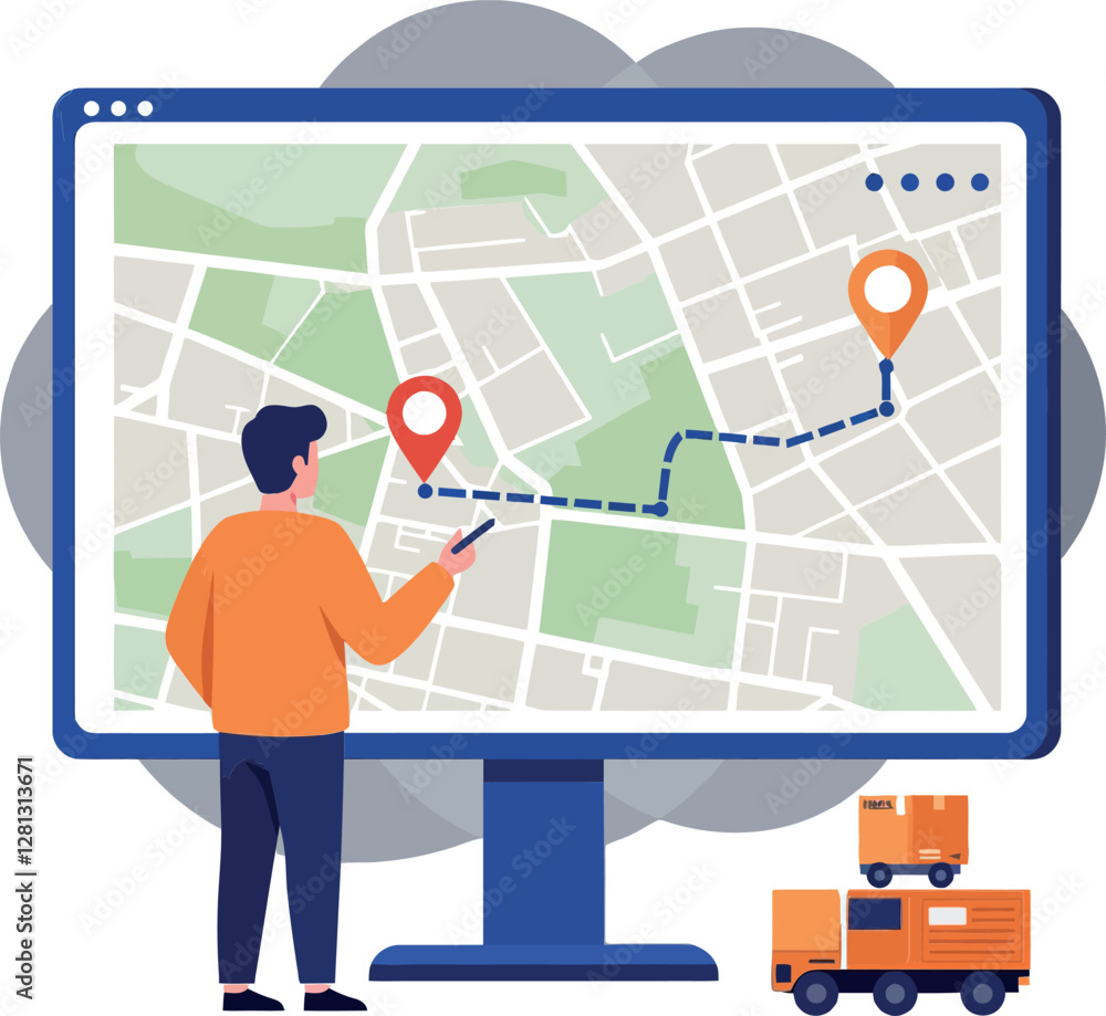 Poster a man analyzing a digital map on a large screen with marked locations depicted in flat vector illust