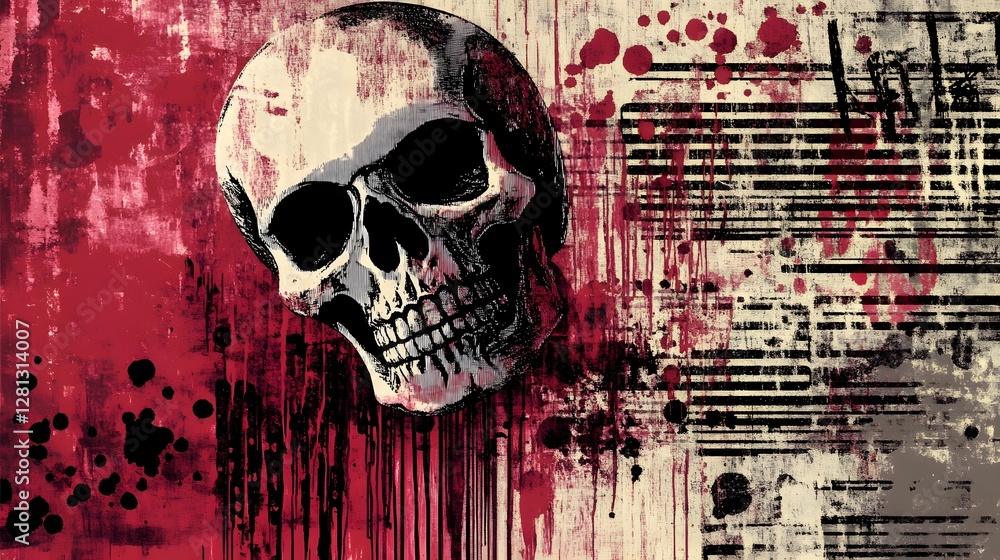 Aufkleber grungy skull with dramatic blood splatter and intense moody atmospheric background